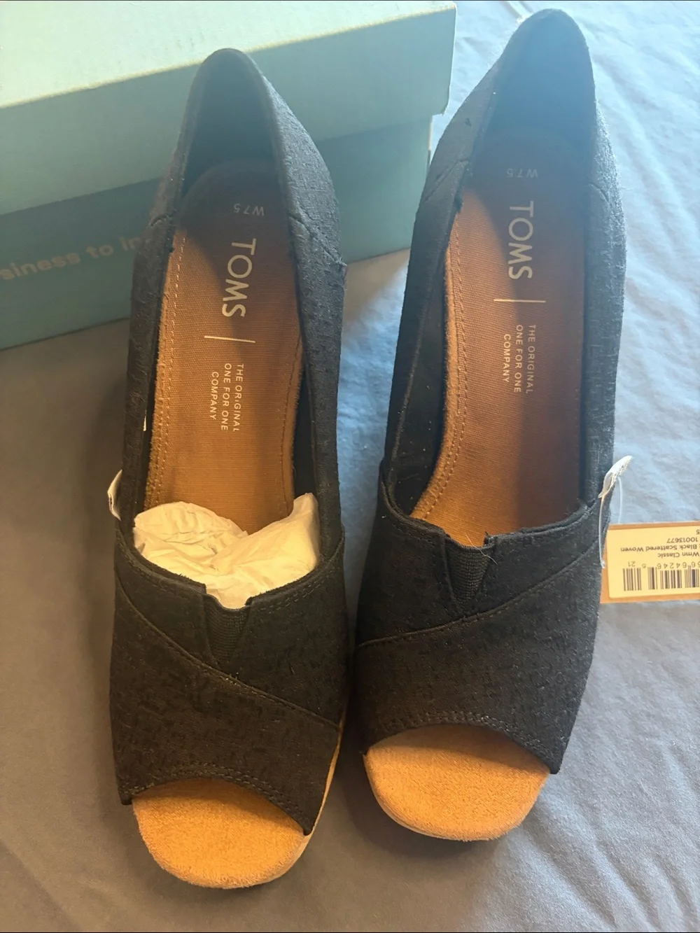 TOMS Black Open-Toe Canvas Wedge Heels